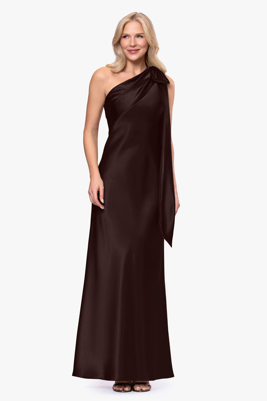 Petite "Dove" Satin One Shoulder Bow Dress - Brown | Betsy & Adam