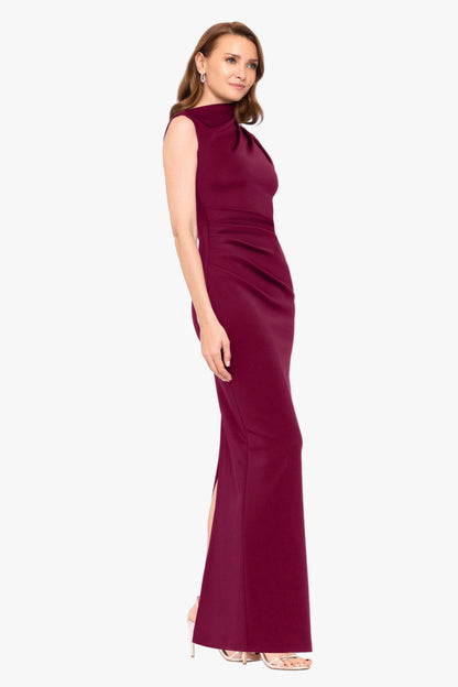 "Mitch" Techno Scuba Asymmetrical Neckline Dress - Wine | Betsy & Adam