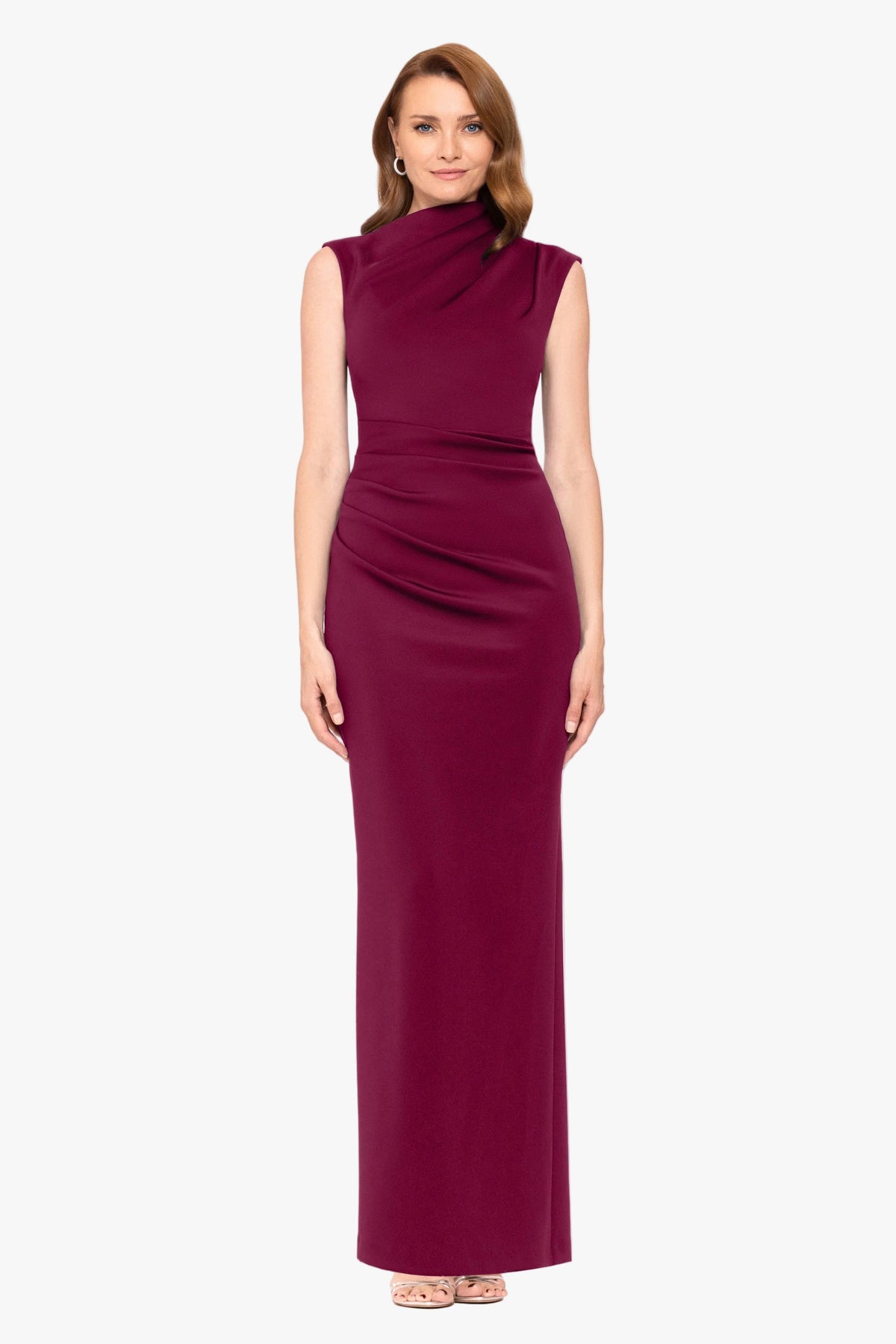 "Mitch" Techno Scuba Asymmetrical Neckline Dress - Wine | Betsy & Adam