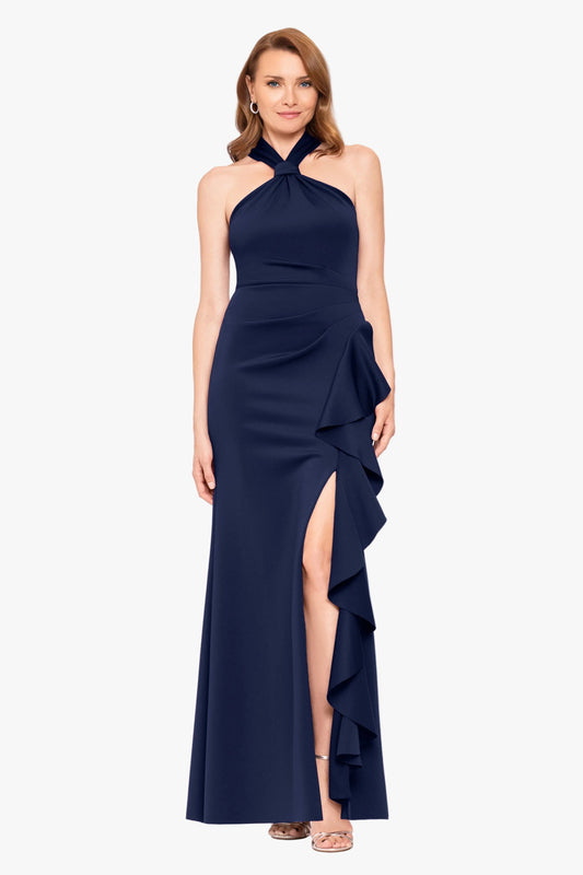 Petite "Hazel" Scuba Crepe Knotted Neck Side Ruffle Dress - Midnight | Betsy & Adam
