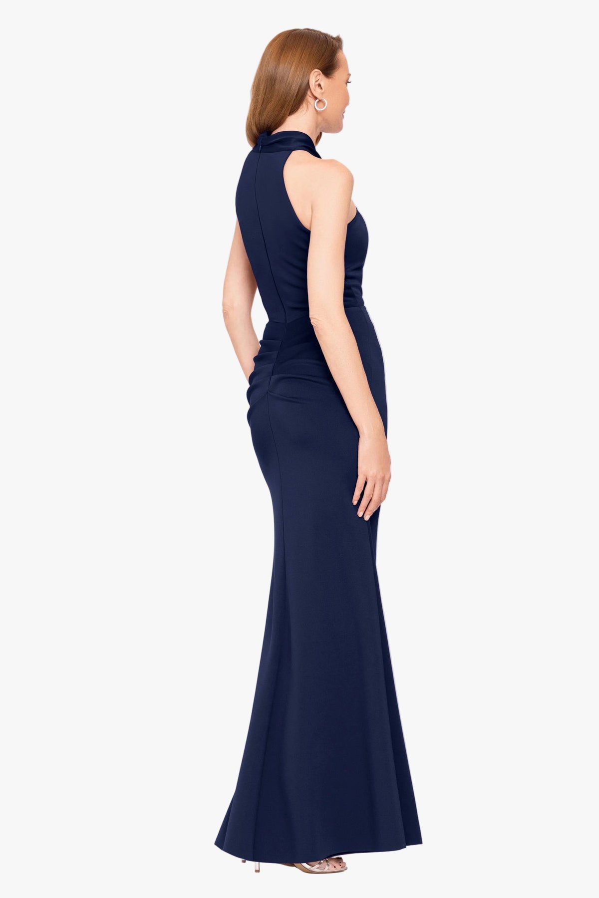Petite "Hazel" Scuba Crepe Knotted Neck Side Ruffle Dress - Midnight | Betsy & Adam