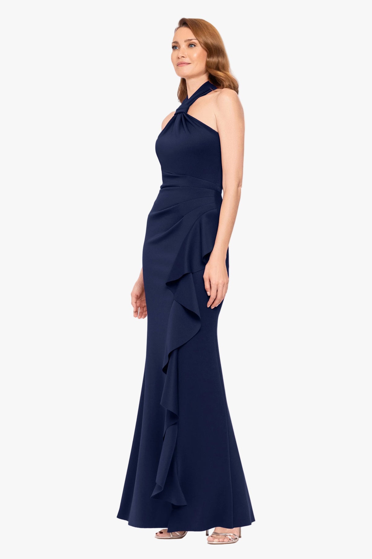Petite "Hazel" Scuba Crepe Knotted Neck Side Ruffle Dress - Midnight | Betsy & Adam