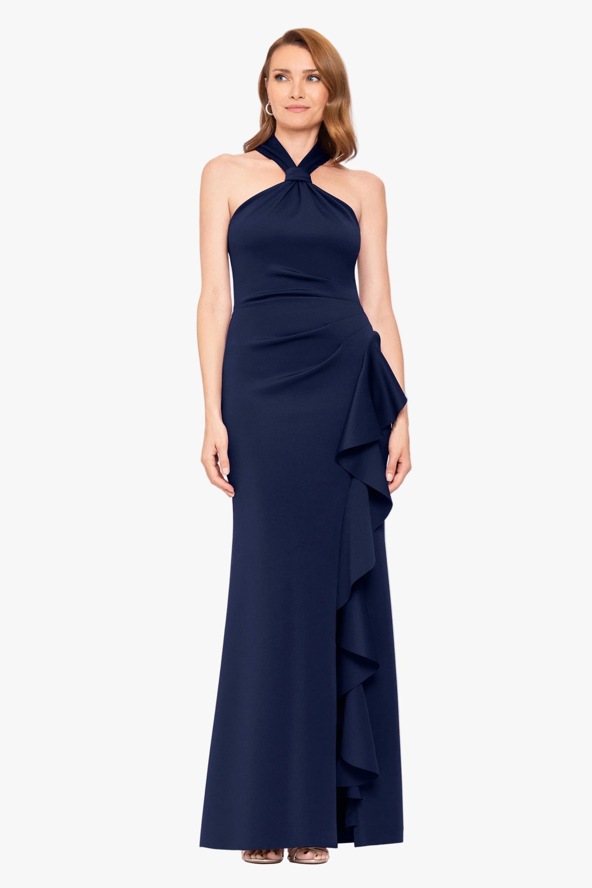 Petite "Hazel" Scuba Crepe Knotted Neck Side Ruffle Dress - Midnight | Betsy & Adam