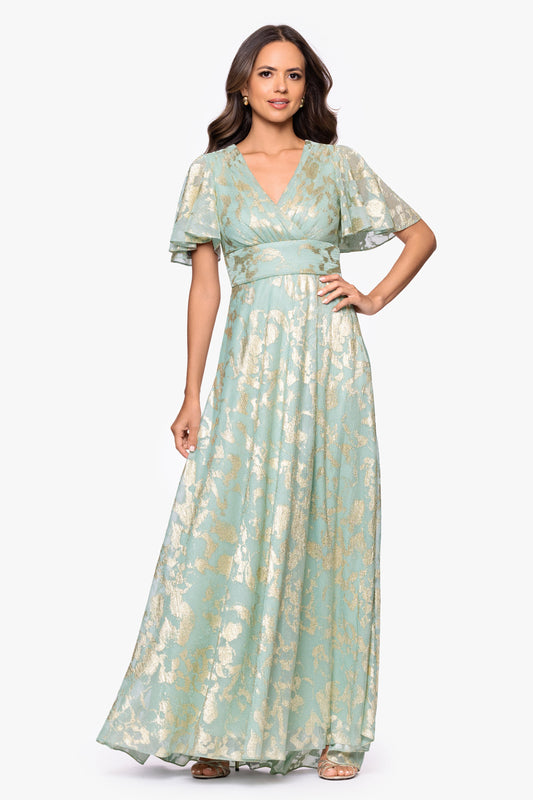 "Polly" Metallic Print Flutter Sleeve Dress - Sage/Gold | Betsy & Adam