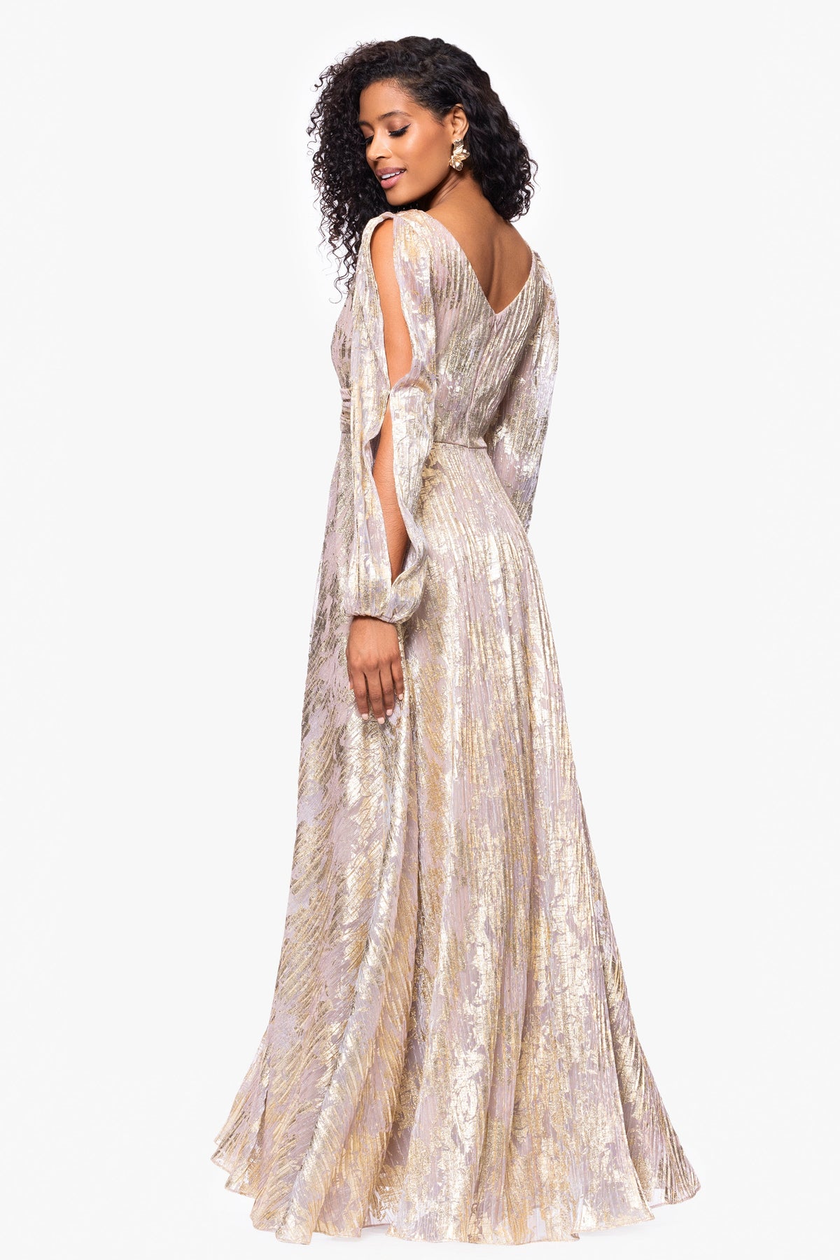 "Marla" Metallic Knit Long Sleeve V-Neck Dress - White/Pink/Gold | Betsy & Adam