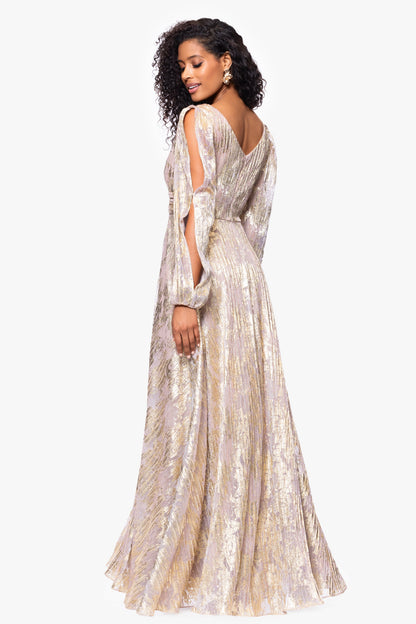 "Marla" Metallic Knit Long Sleeve V-Neck Dress - White/Pink/Gold | Betsy & Adam