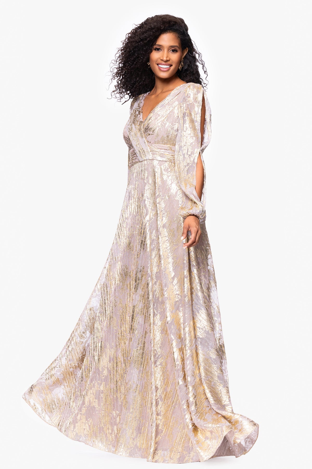 "Marla" Metallic Knit Long Sleeve V-Neck Dress - White/Pink/Gold | Betsy & Adam