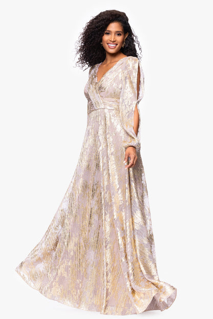 "Marla" Metallic Knit Long Sleeve V-Neck Dress - White/Pink/Gold | Betsy & Adam