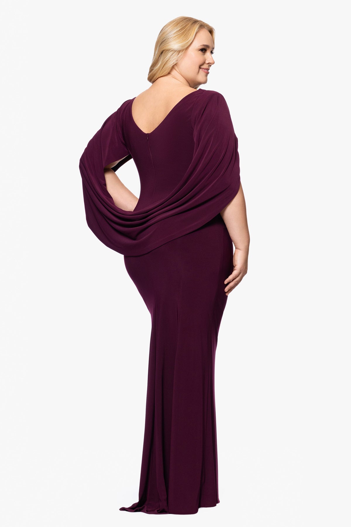Plus “Miriam” Jersey Knit Draped Back Dress - Wine | Betsy & Adam