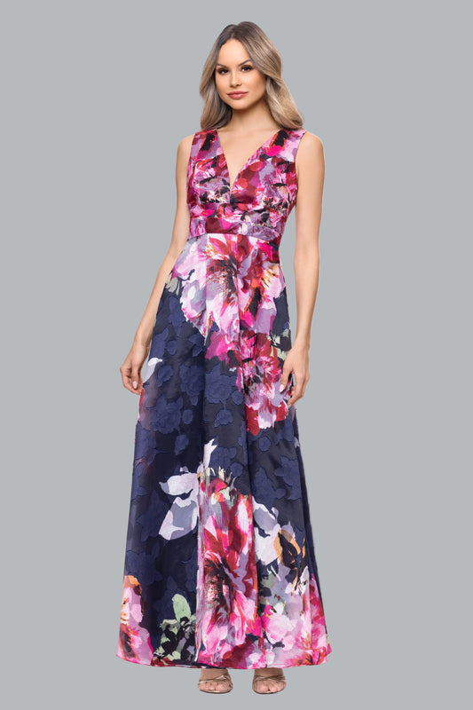 "Teagan" Jacquard Printed V-Neck Dress - Navy/Fushia | Betsy & Adam