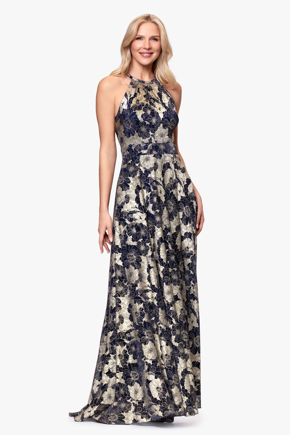 Petite "Layla" Printed Metallic Halter Top Dress - Navy/Gold | Betsy & Adam