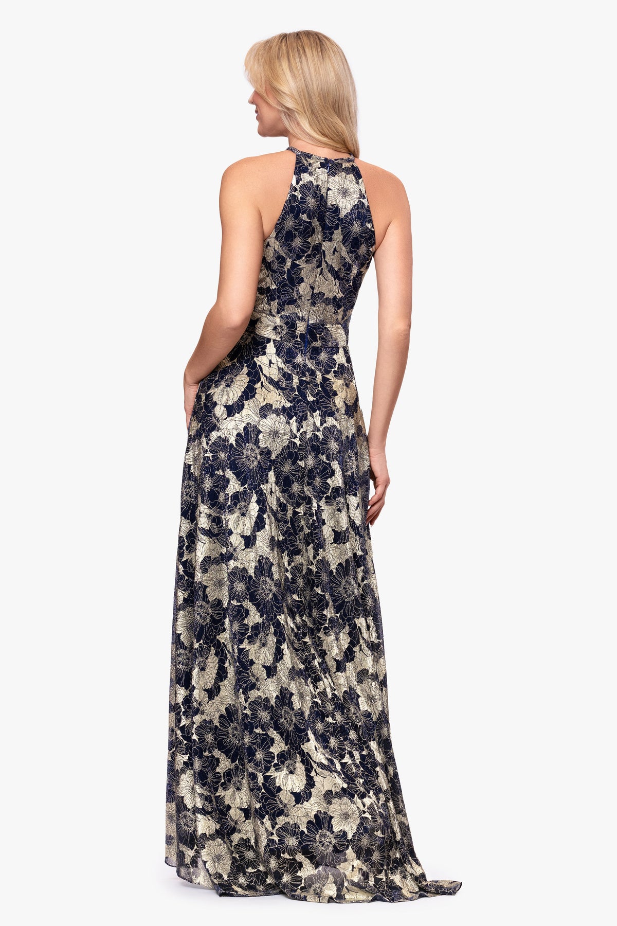 Petite "Layla" Printed Metallic Halter Top Dress - Navy/Gold | Betsy & Adam