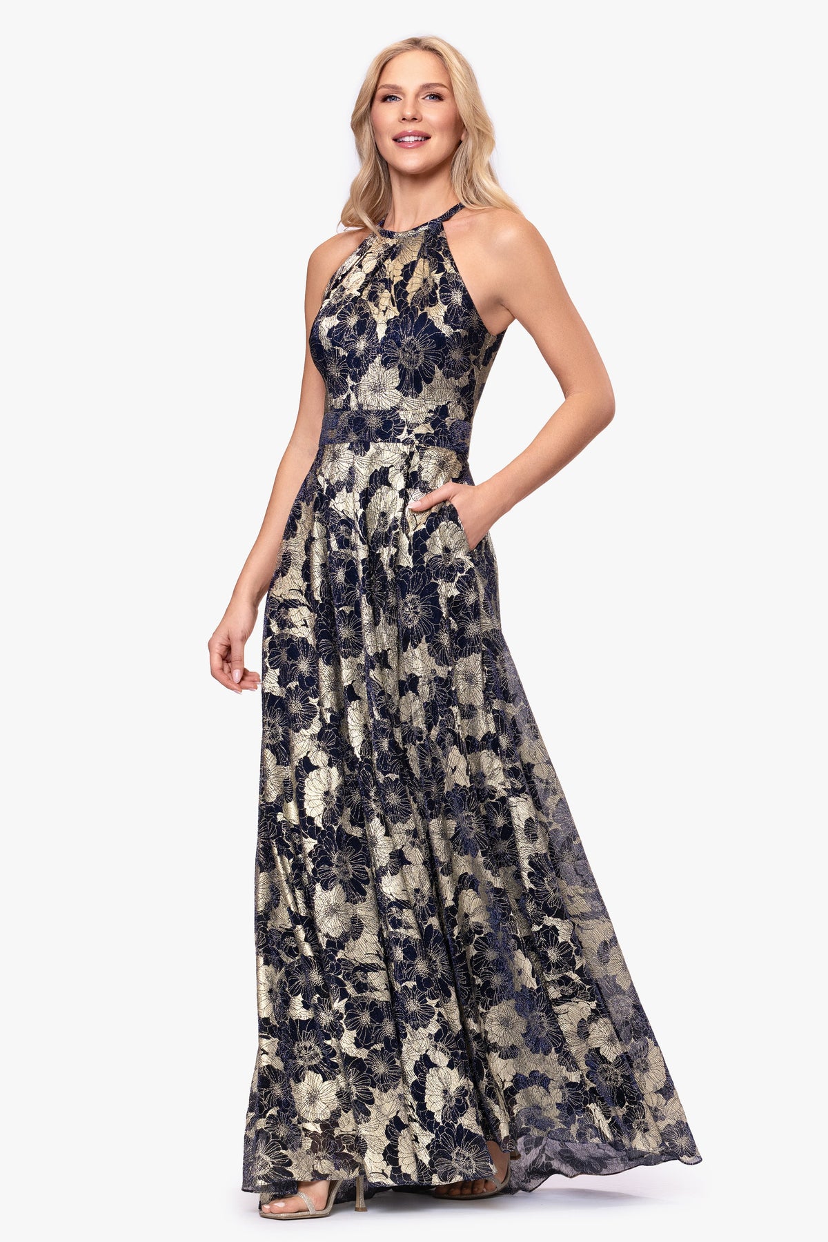 Petite "Layla" Printed Metallic Halter Top Dress - Navy/Gold | Betsy & Adam
