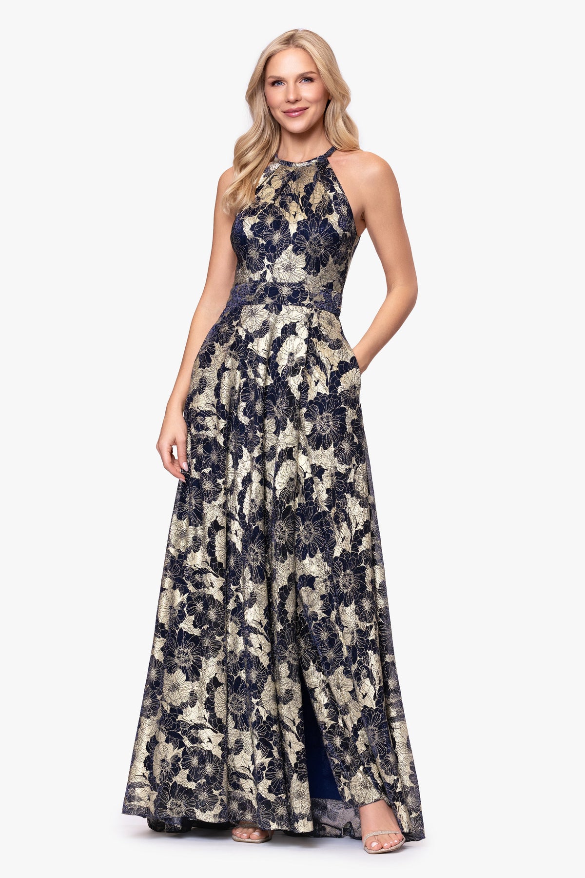 Petite "Layla" Printed Metallic Halter Top Dress - Navy/Gold | Betsy & Adam