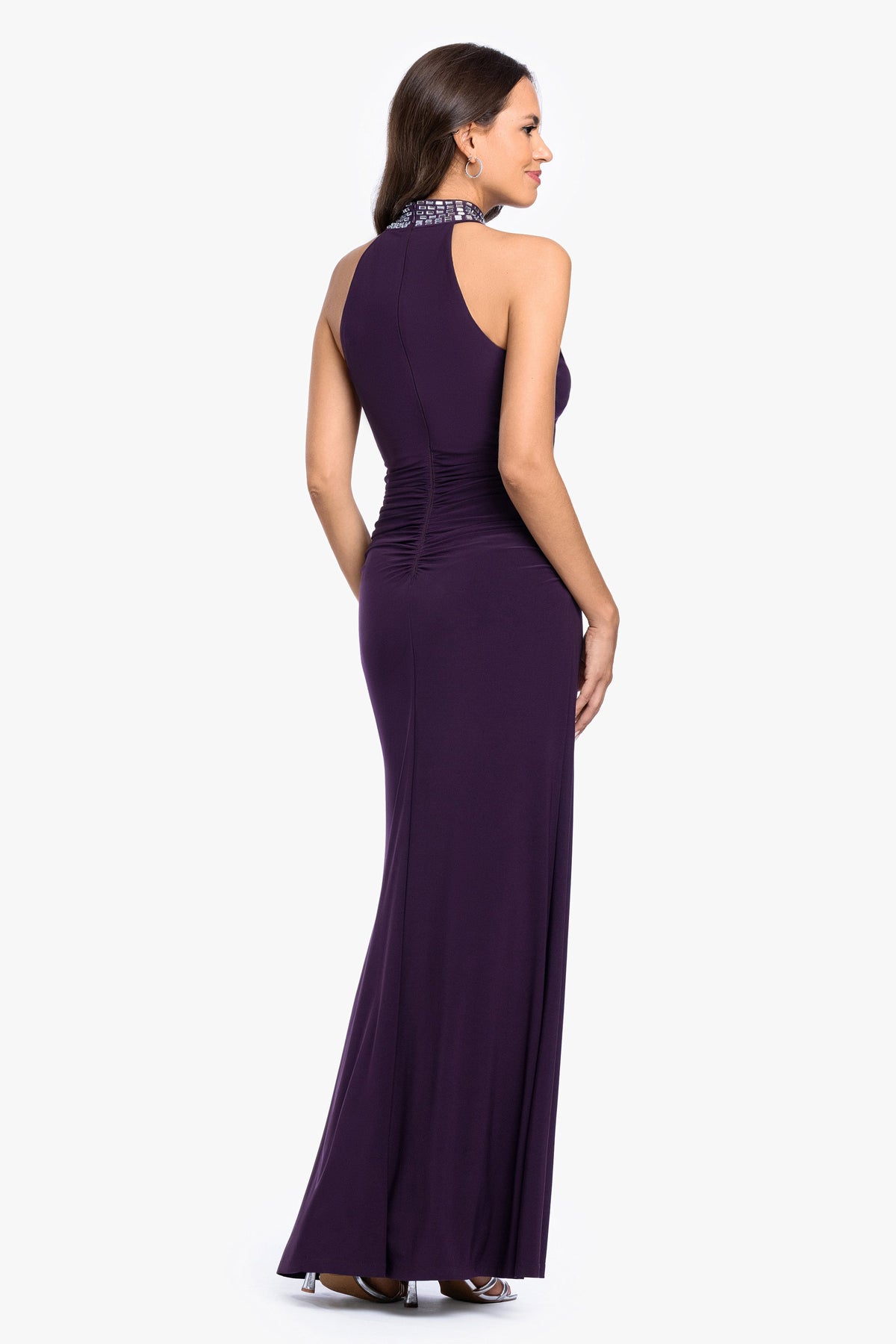 "Suki" Jersey Knit Mock Neck Beaded Dress - Plum/Silver | Betsy & Adam