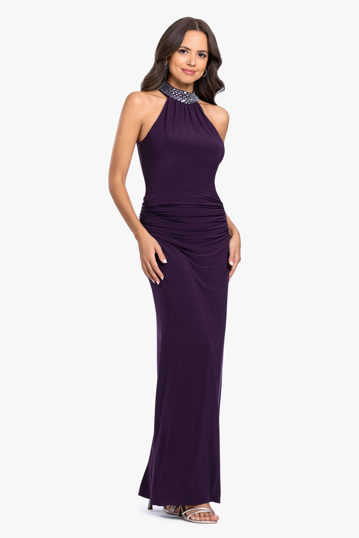 "Suki" Jersey Knit Mock Neck Beaded Dress - Plum/Silver | Betsy & Adam