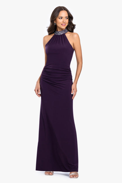 "Suki" Jersey Knit Mock Neck Beaded Dress - Plum/Silver | Betsy & Adam