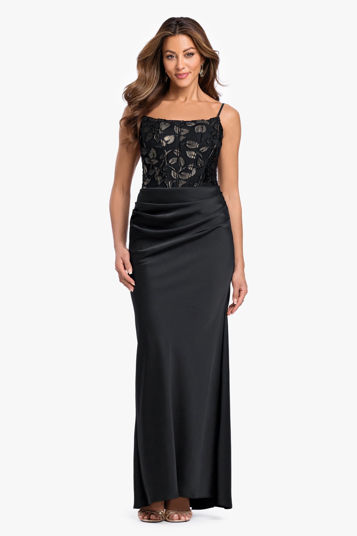 "Claudia" Clipped Burnout & Satin Skirt Dress - Black/Gold | Betsy & Adam
