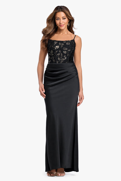 "Claudia" Clipped Burnout & Satin Skirt Dress - Black/Gold | Betsy & Adam