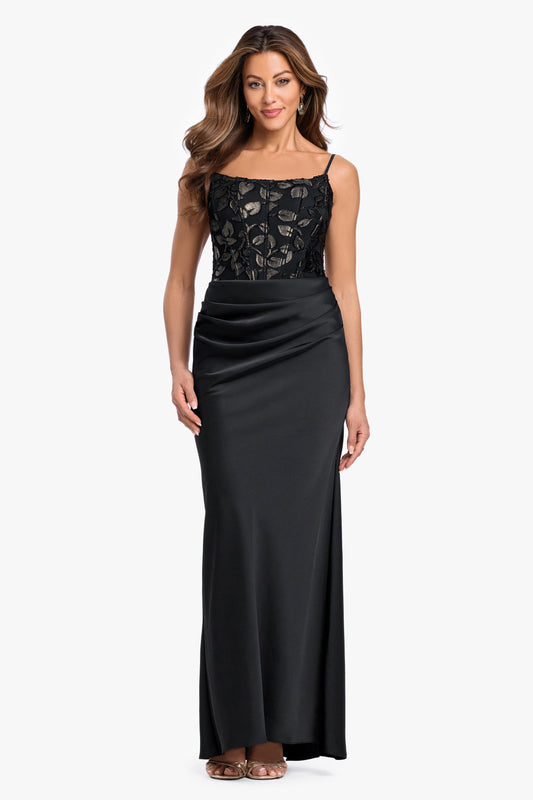 "Claudia" Clipped Burnout & Satin Skirt Dress - Black/Gold | Betsy & Adam