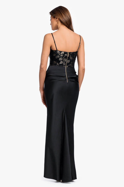 "Claudia" Clipped Burnout & Satin Skirt Dress - Black/Gold | Betsy & Adam