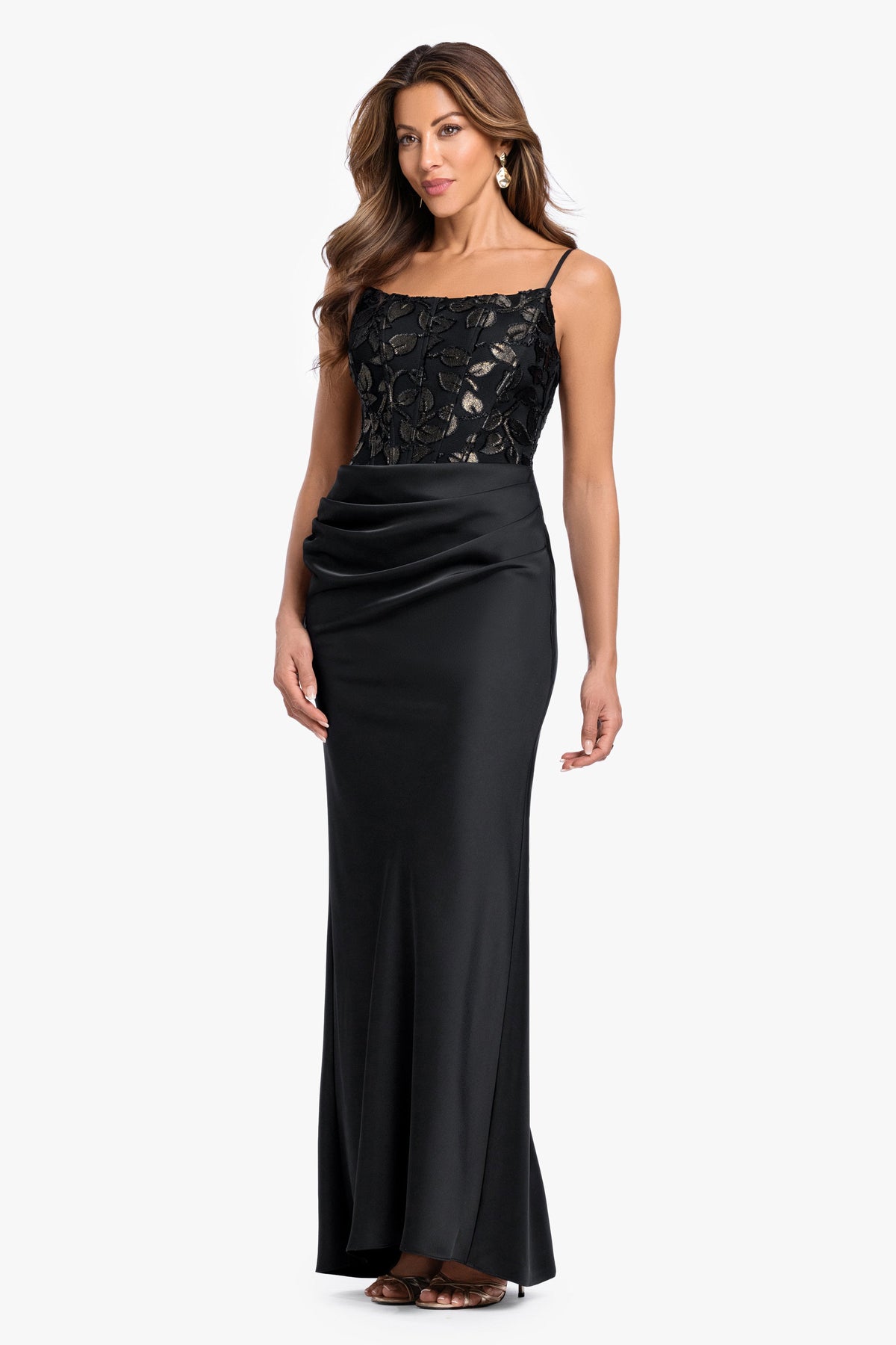 "Claudia" Clipped Burnout & Satin Skirt Dress - Black/Gold | Betsy & Adam
