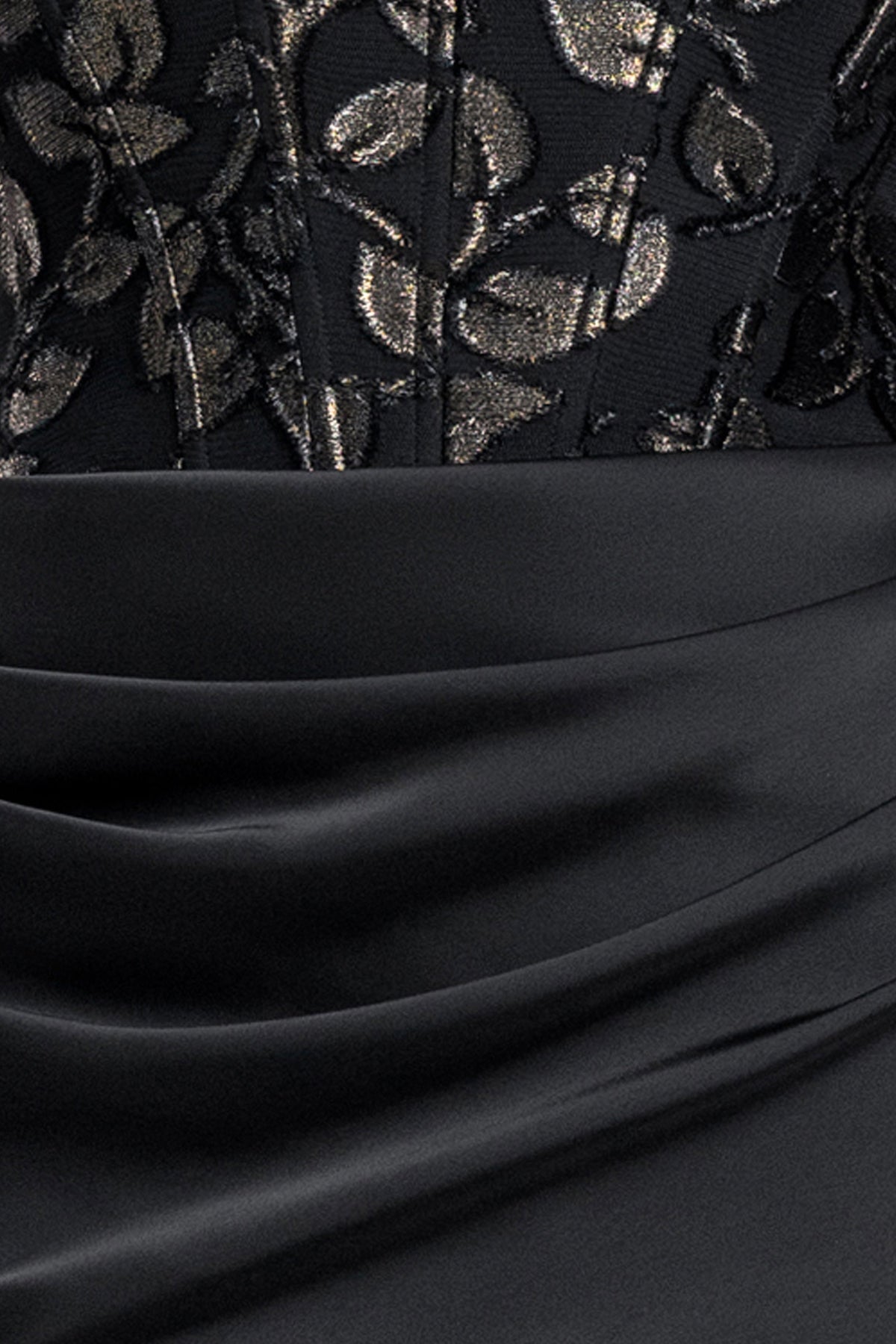 "Claudia" Clipped Burnout & Satin Skirt Dress - Black/Gold | Betsy & Adam