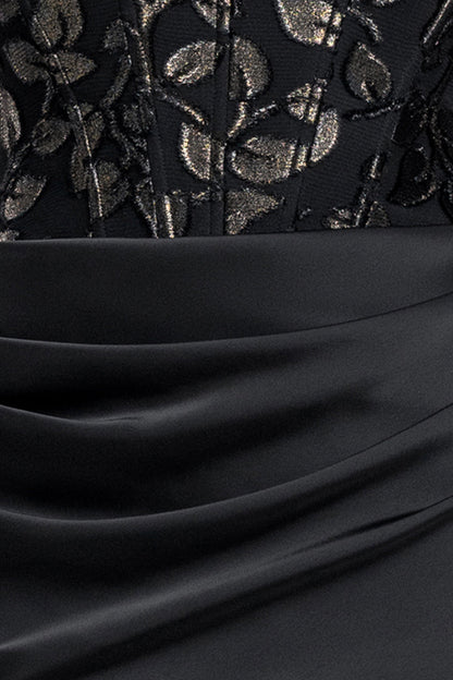 "Claudia" Clipped Burnout & Satin Skirt Dress - Black/Gold | Betsy & Adam