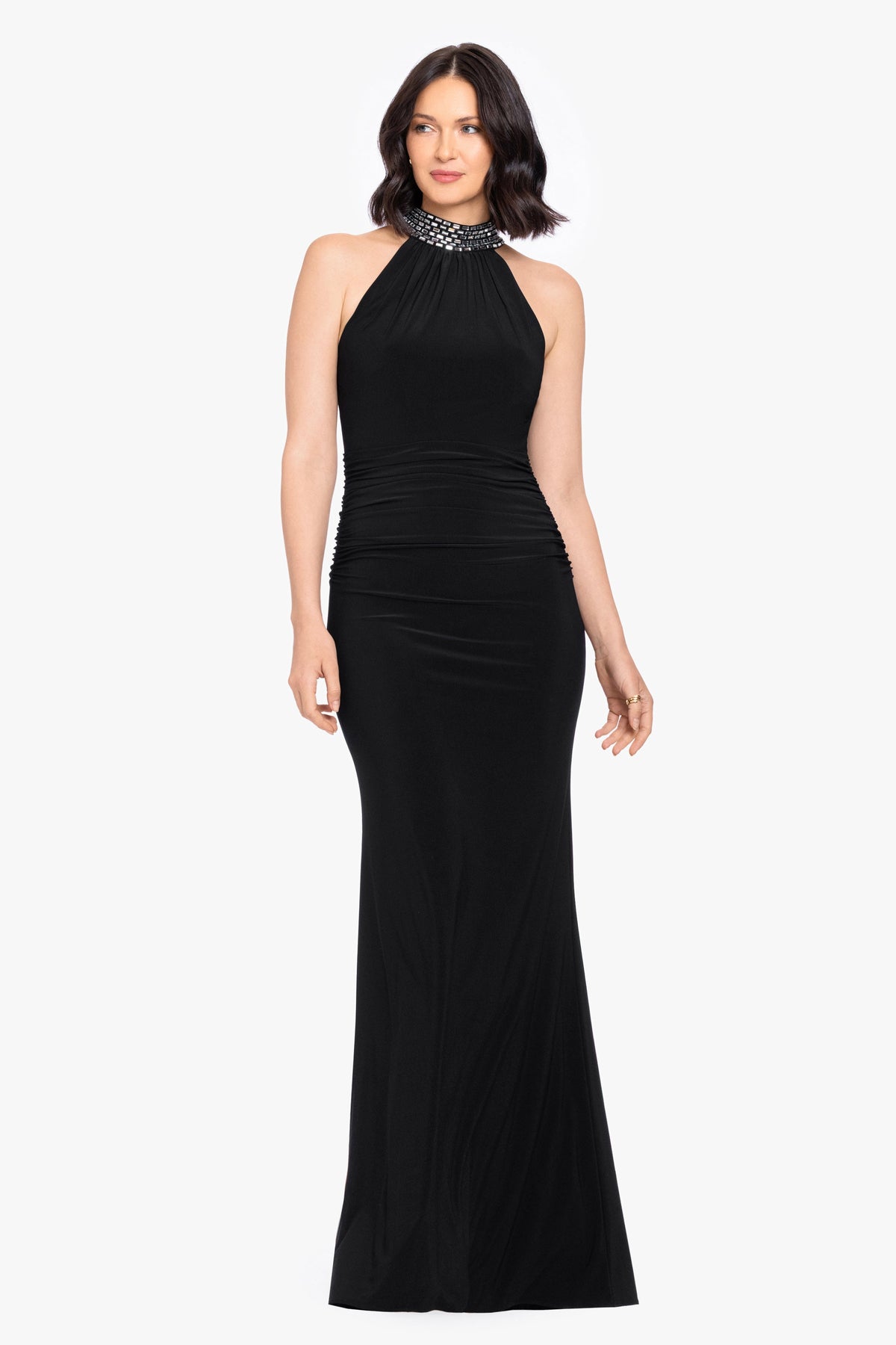 Petite "Suki" Jersey Knit Mock Neck Beaded Dress - Black/Silver | Betsy & Adam