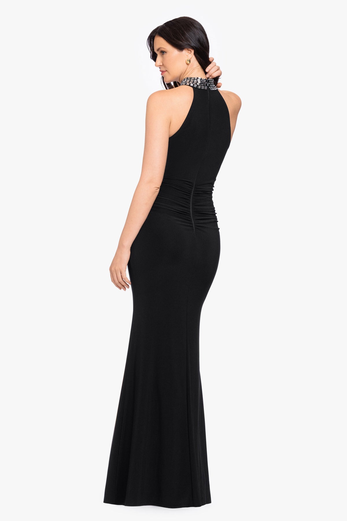 Petite "Suki" Jersey Knit Mock Neck Beaded Dress - Black/Silver | Betsy & Adam