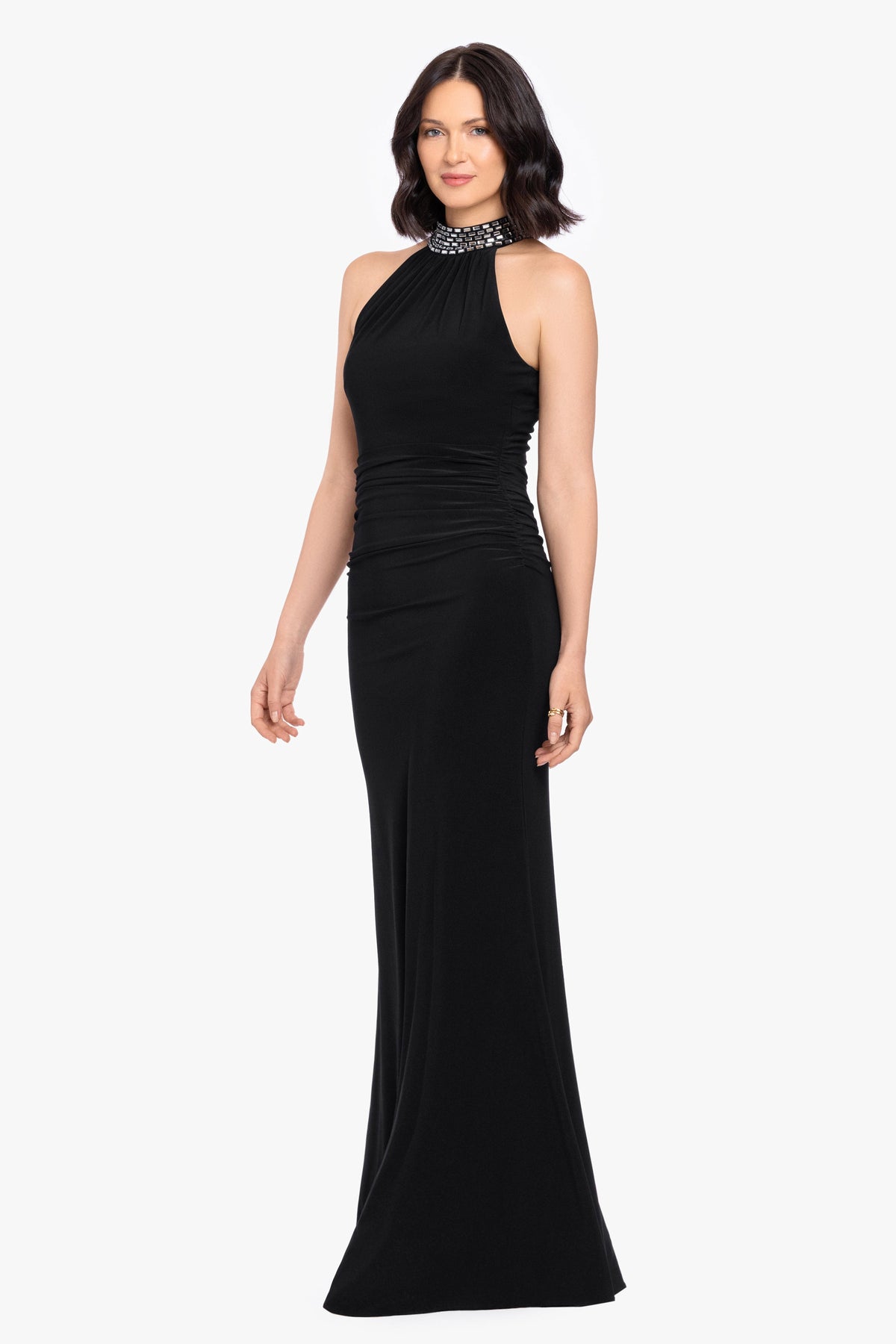 Petite "Suki" Jersey Knit Mock Neck Beaded Dress - Black/Silver | Betsy & Adam