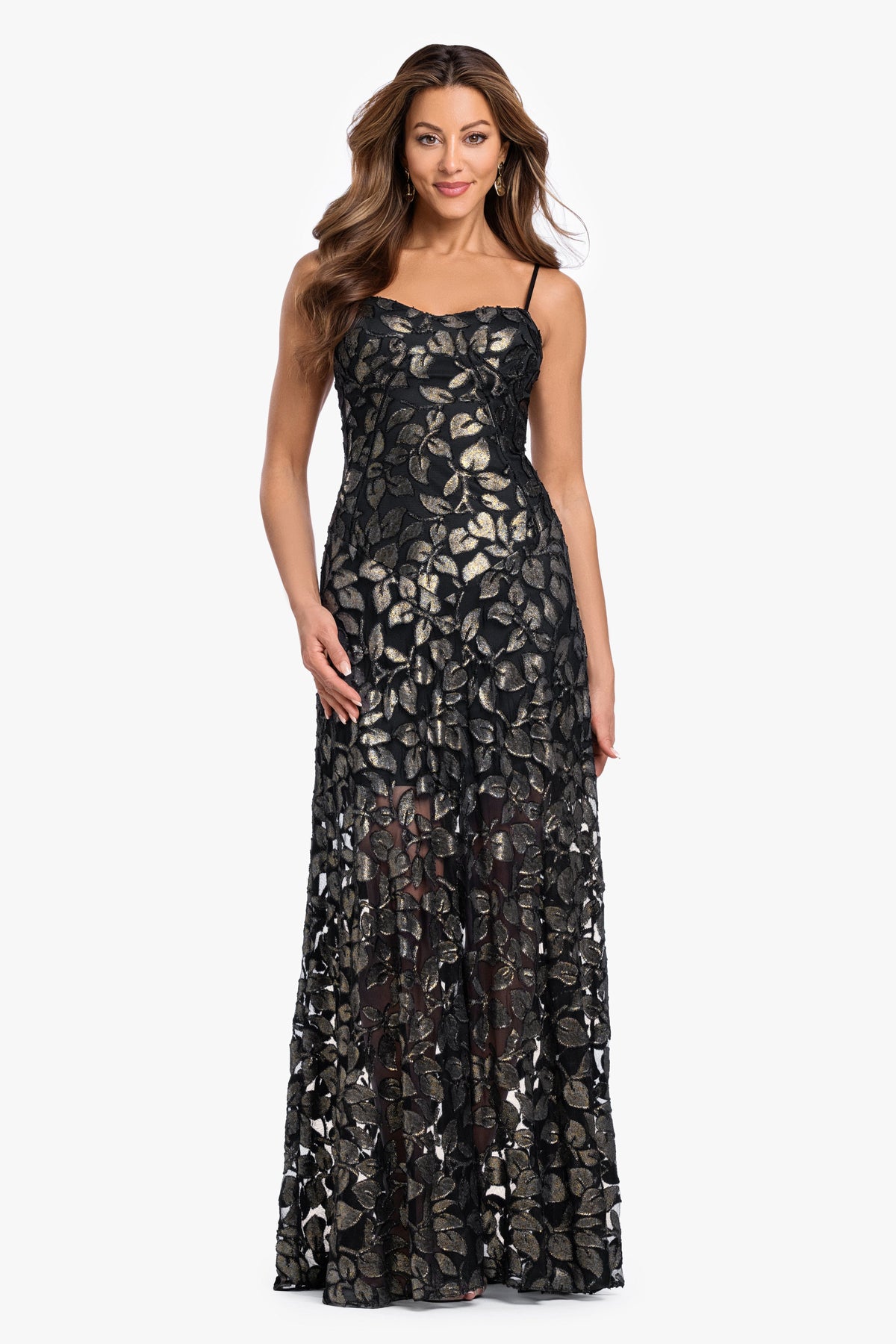 "Odette" Flower Burnout Foil Dress - Black/Gold | Betsy & Adam