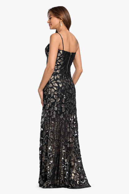 "Odette" Flower Burnout Foil Dress - Black/Gold | Betsy & Adam
