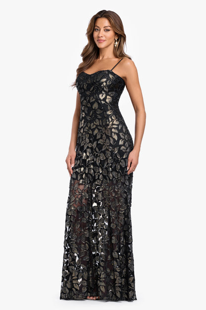 "Odette" Flower Burnout Foil Dress - Black/Gold | Betsy & Adam