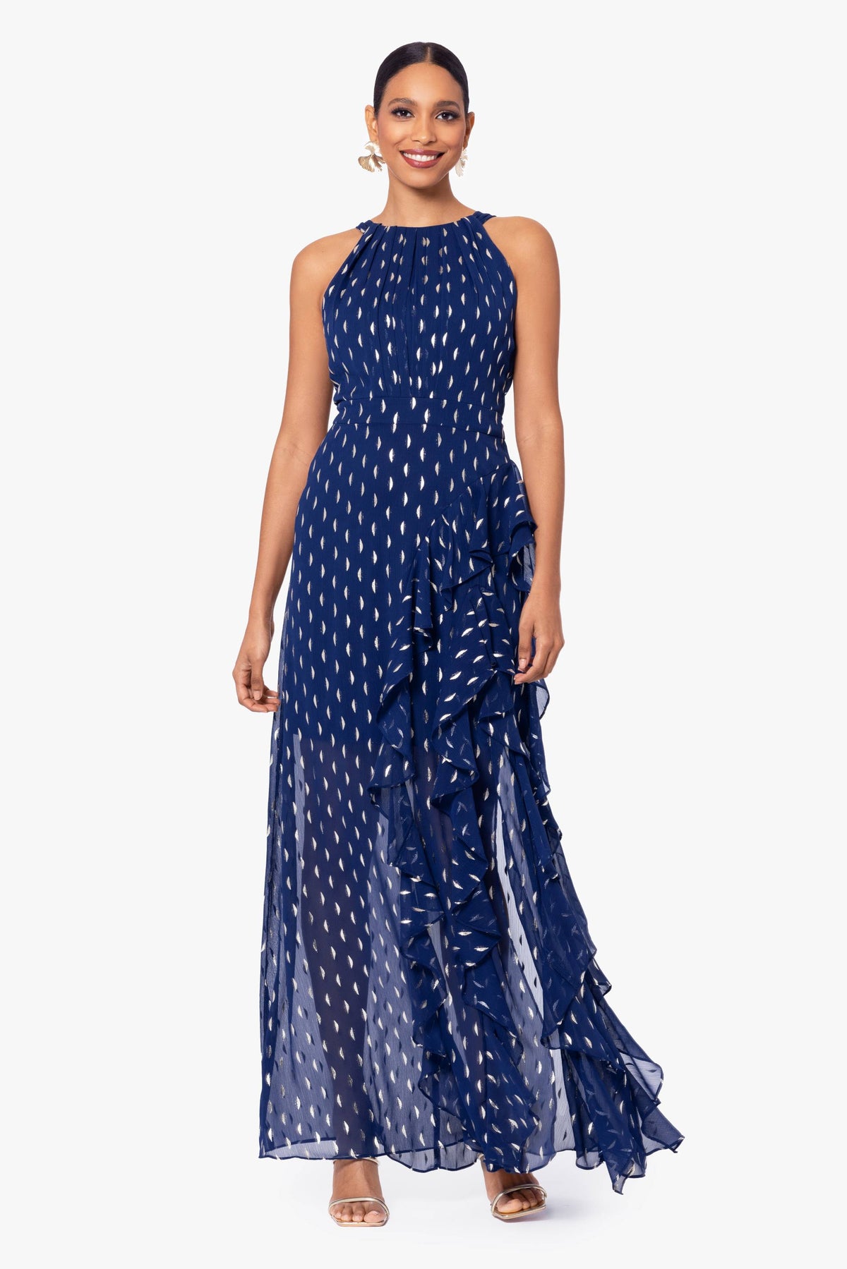 Petite "Karina" Chiffon Foil Ruffle Tie Neck Dress - Light Navy/Gold | Betsy & Adam