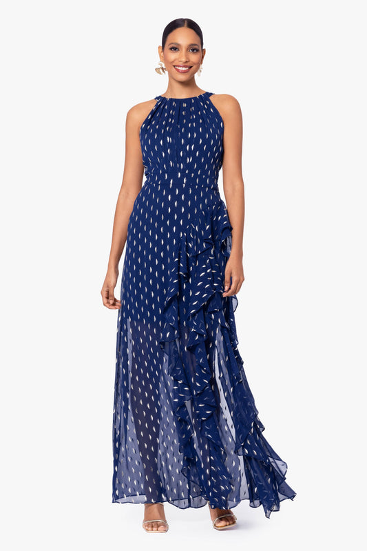 Petite "Karina" Chiffon Foil Ruffle Tie Neck Dress - Light Navy/Gold | Betsy & Adam