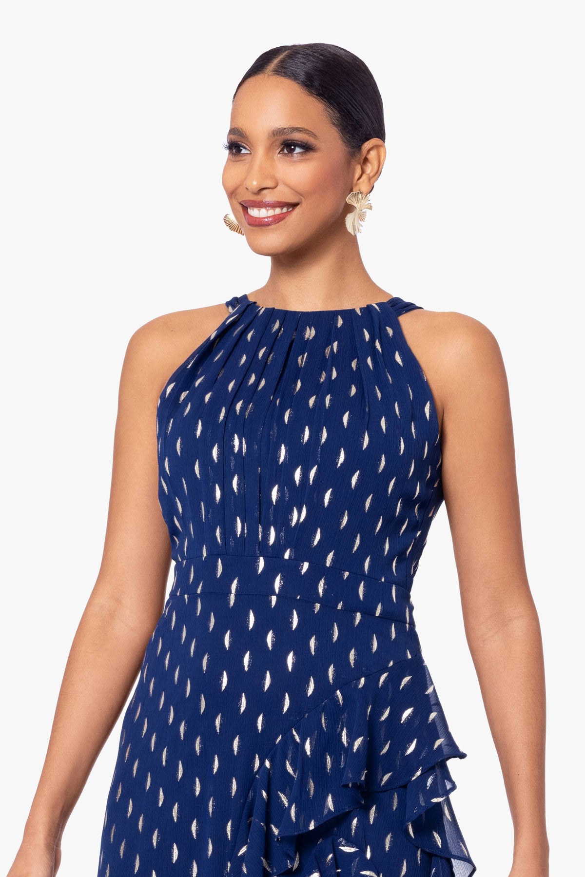 Petite "Karina" Chiffon Foil Ruffle Tie Neck Dress - Light Navy/Gold | Betsy & Adam