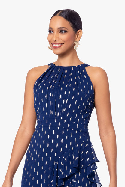 Petite "Karina" Chiffon Foil Ruffle Tie Neck Dress - Light Navy/Gold | Betsy & Adam