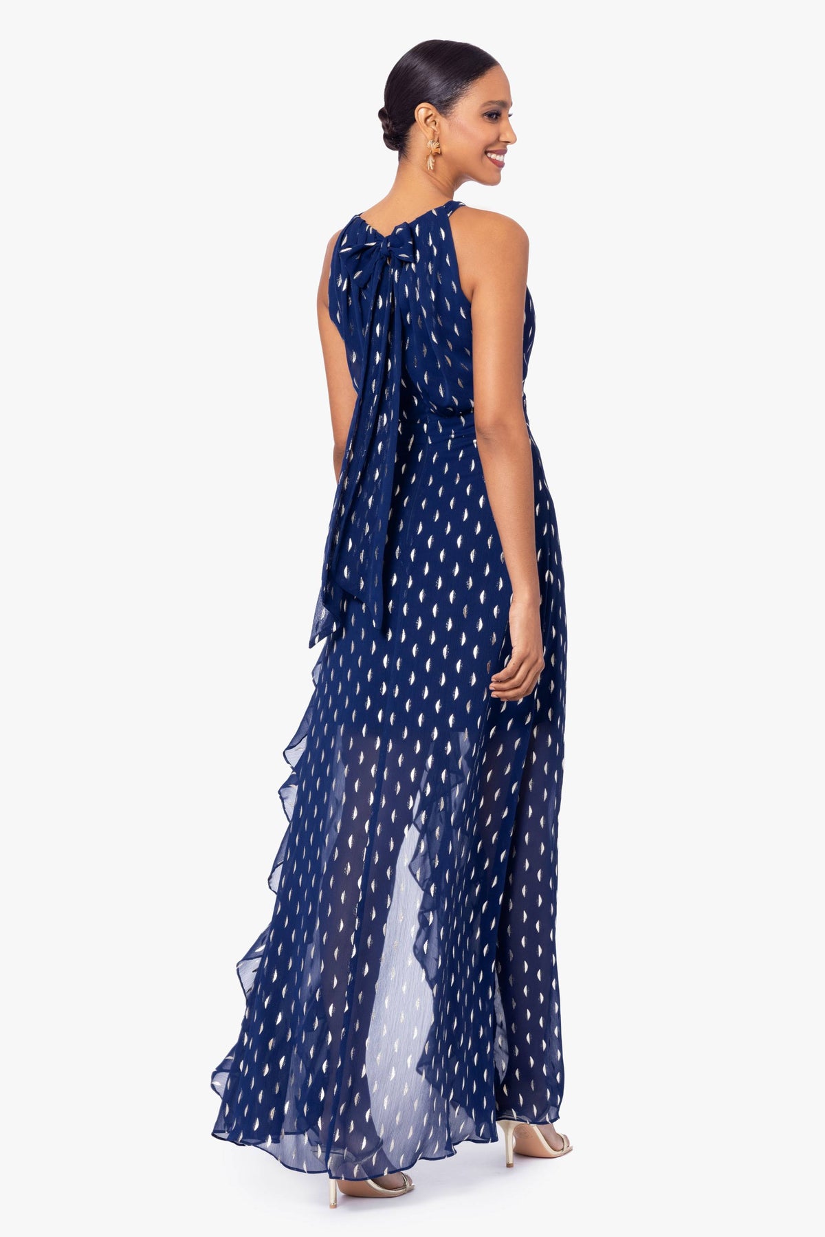 Petite "Karina" Chiffon Foil Ruffle Tie Neck Dress - Light Navy/Gold | Betsy & Adam