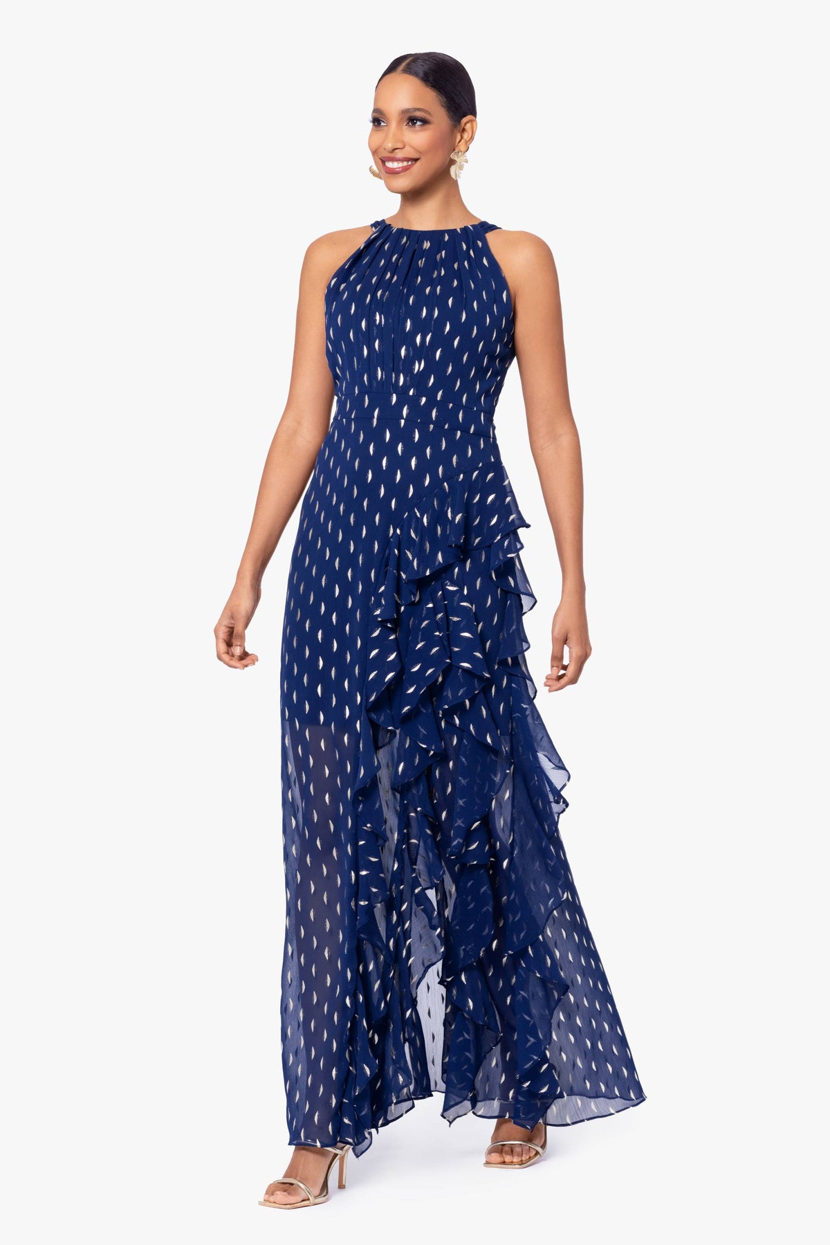 Petite "Karina" Chiffon Foil Ruffle Tie Neck Dress - Light Navy/Gold | Betsy & Adam