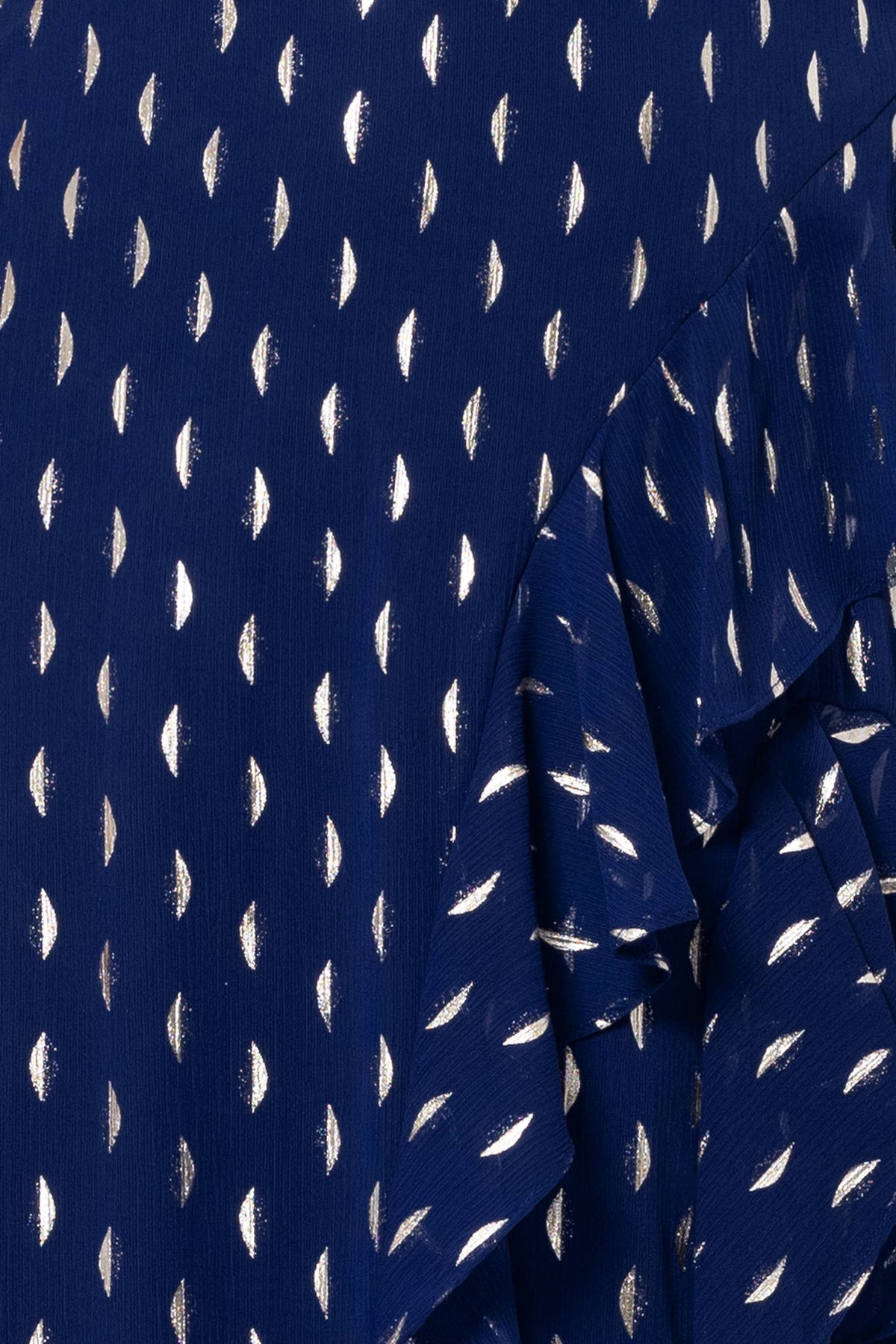 Petite "Karina" Chiffon Foil Ruffle Tie Neck Dress - Light Navy/Gold | Betsy & Adam