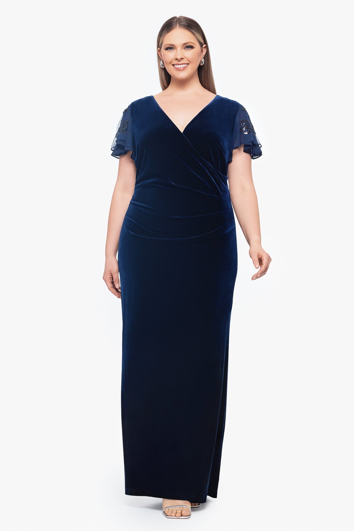 Plus "Carolina" Velvet V-Neck Sequin Sleeve Dress - Navy | Betsy & Adam