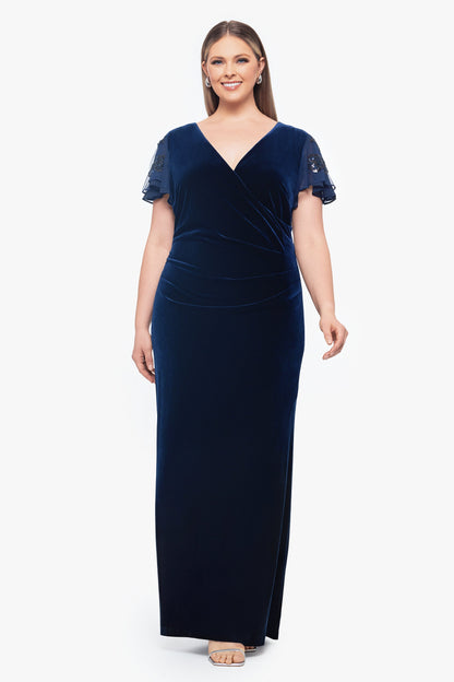 Plus "Carolina" Velvet V-Neck Sequin Sleeve Dress - Navy | Betsy & Adam