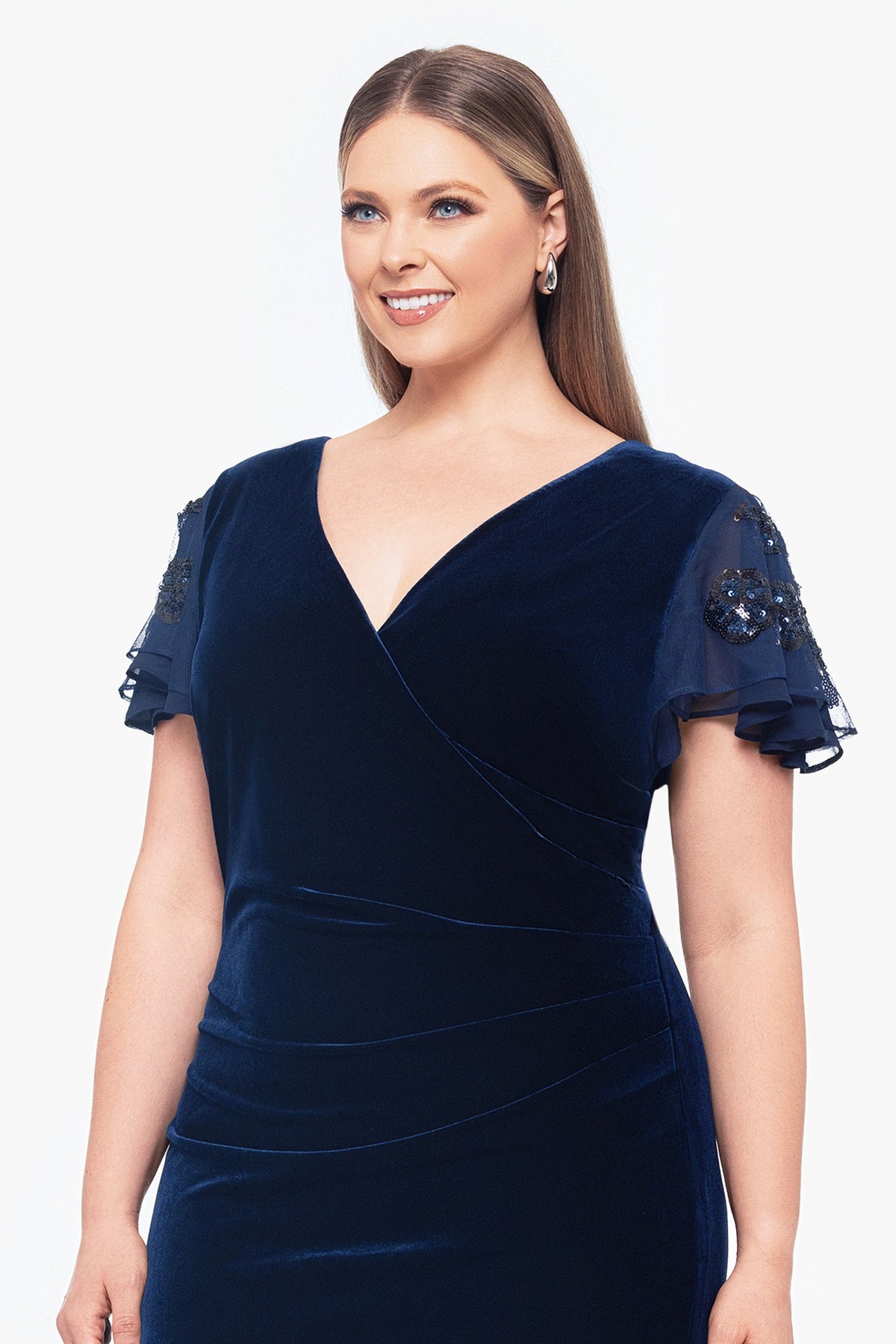 Plus "Carolina" Velvet V-Neck Sequin Sleeve Dress - Navy | Betsy & Adam