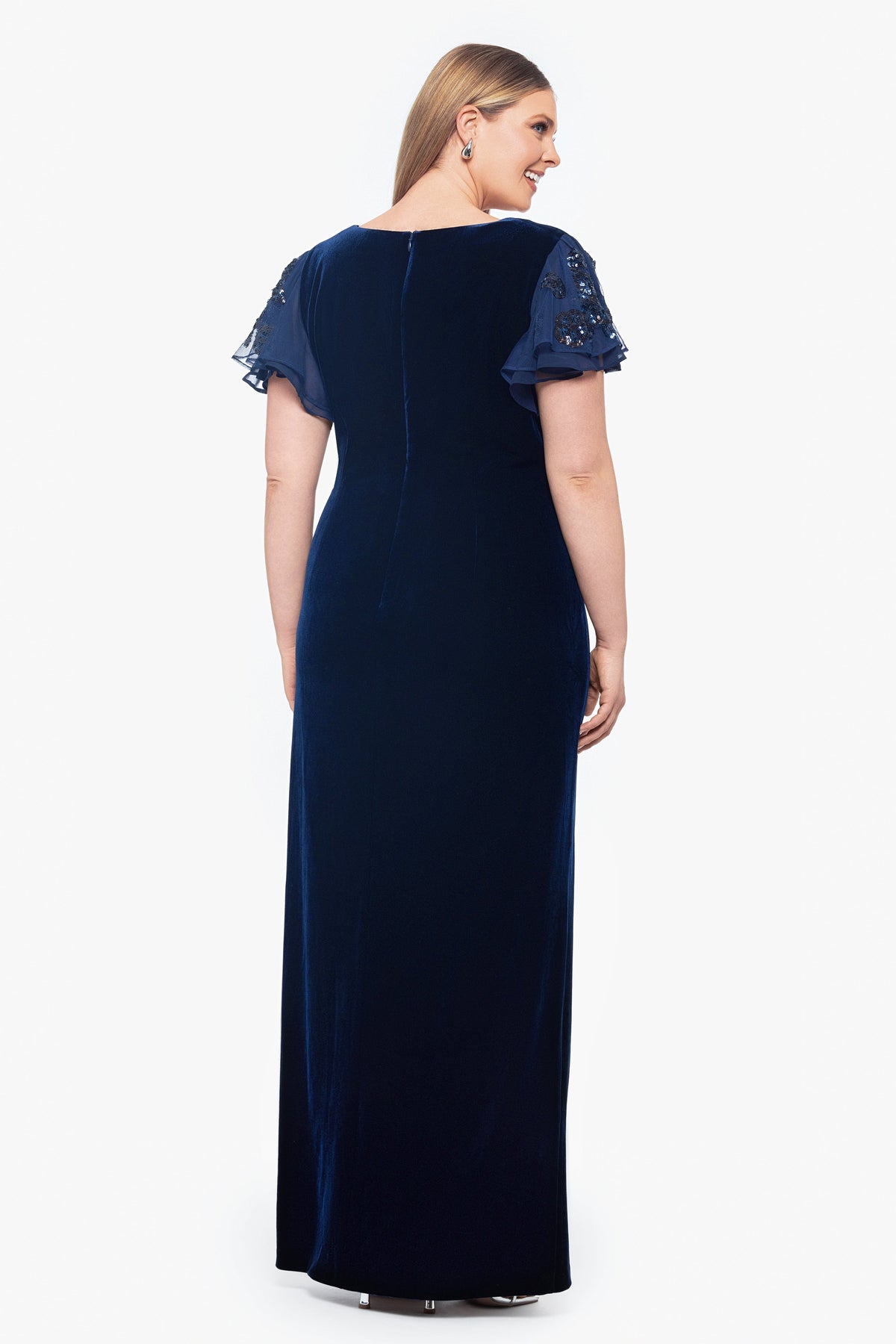 Plus "Carolina" Velvet V-Neck Sequin Sleeve Dress - Navy | Betsy & Adam