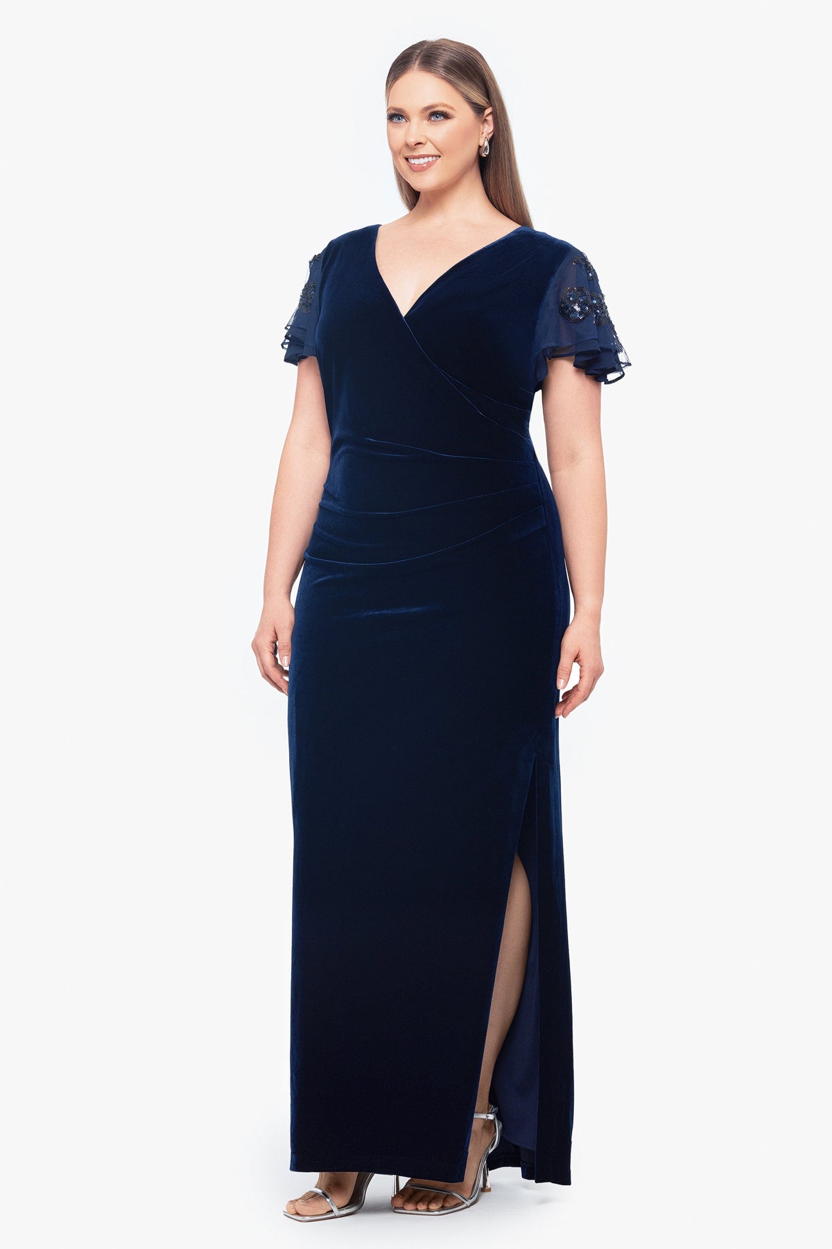 Plus "Carolina" Velvet V-Neck Sequin Sleeve Dress - Navy | Betsy & Adam