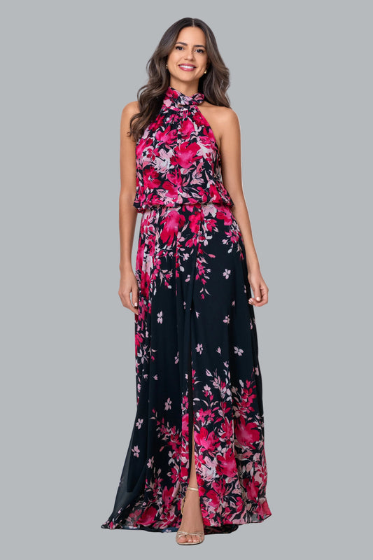"Felicity" Chiffon Floral Print Dress - Navy/Fuchsia | Betsy & Adam