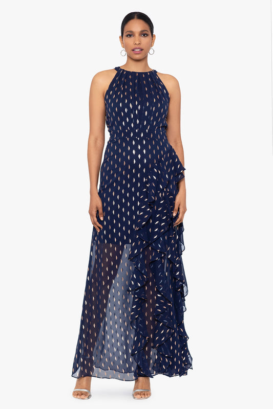 "Karina" Chiffon Foil Ruffle Tie Neck Dress - Navy/Copper | Betsy & Adam