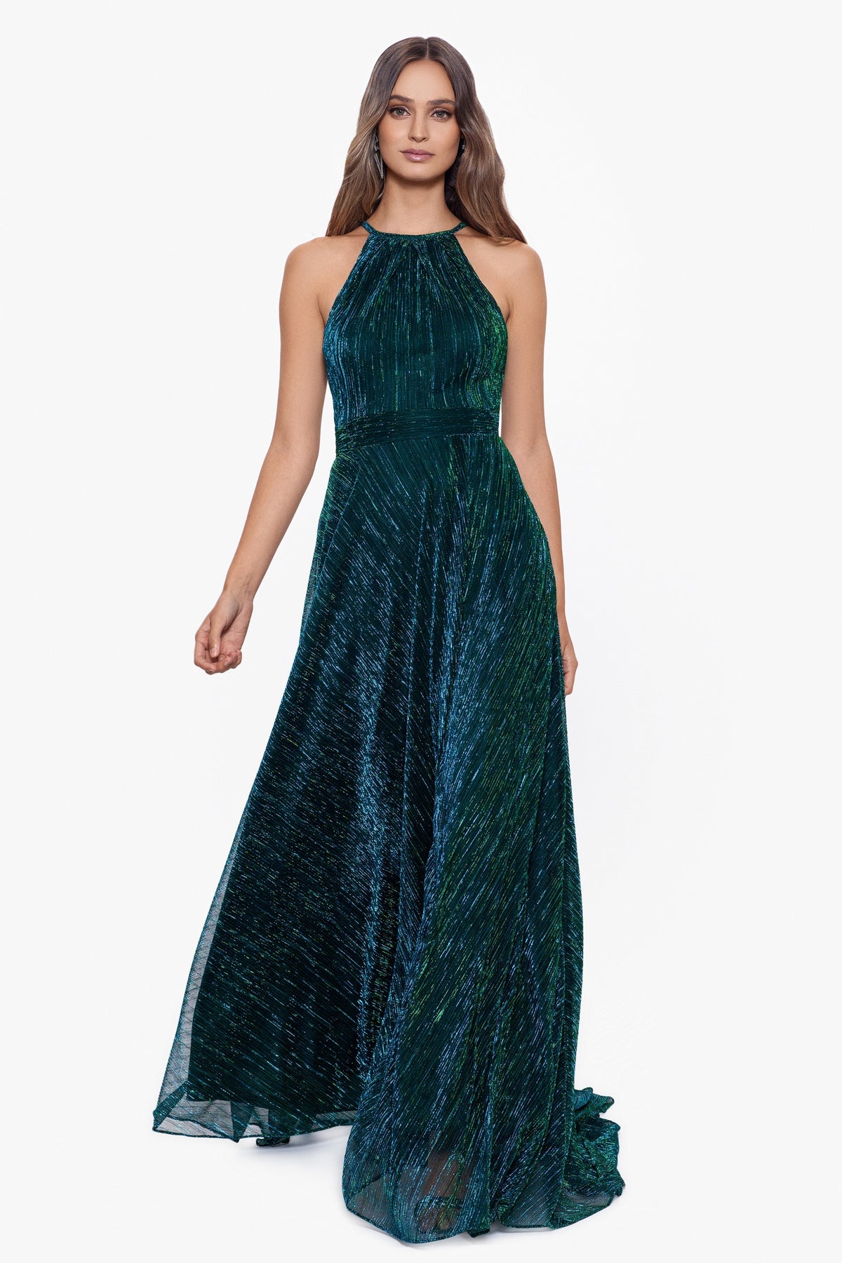 "Mila" Metallic Halter Dress - Jade | Betsy & Adam