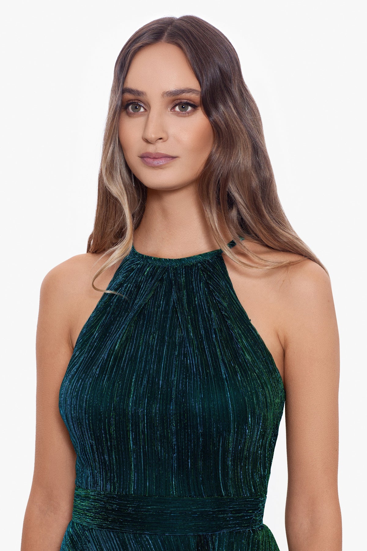 "Mila" Metallic Halter Dress - Jade | Betsy & Adam